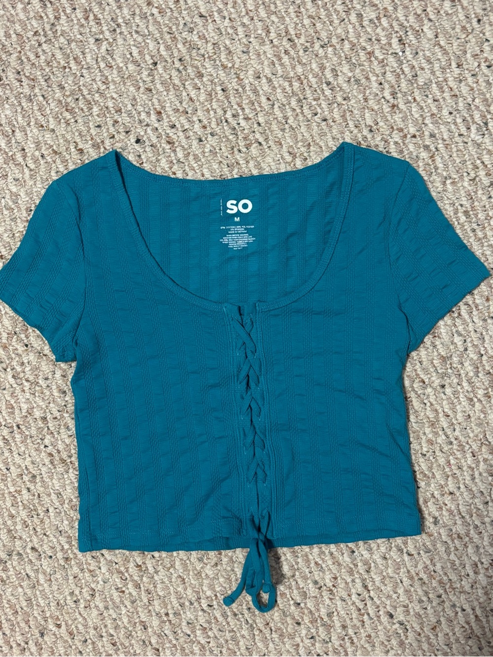SO Teal Ribbed Lace-Up Short Sleeve Crop Top